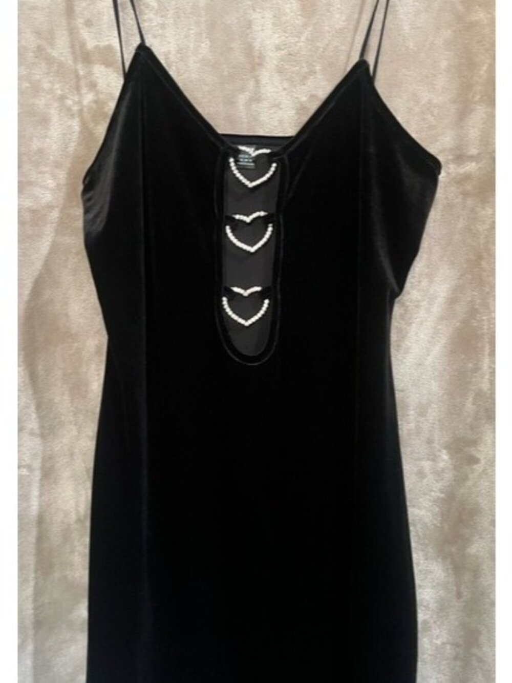 SHEIN Black Velvet Mini Sexy Rhinestone Heart Cutouts Spaghetti Straps Dress - Picture 8 of 16